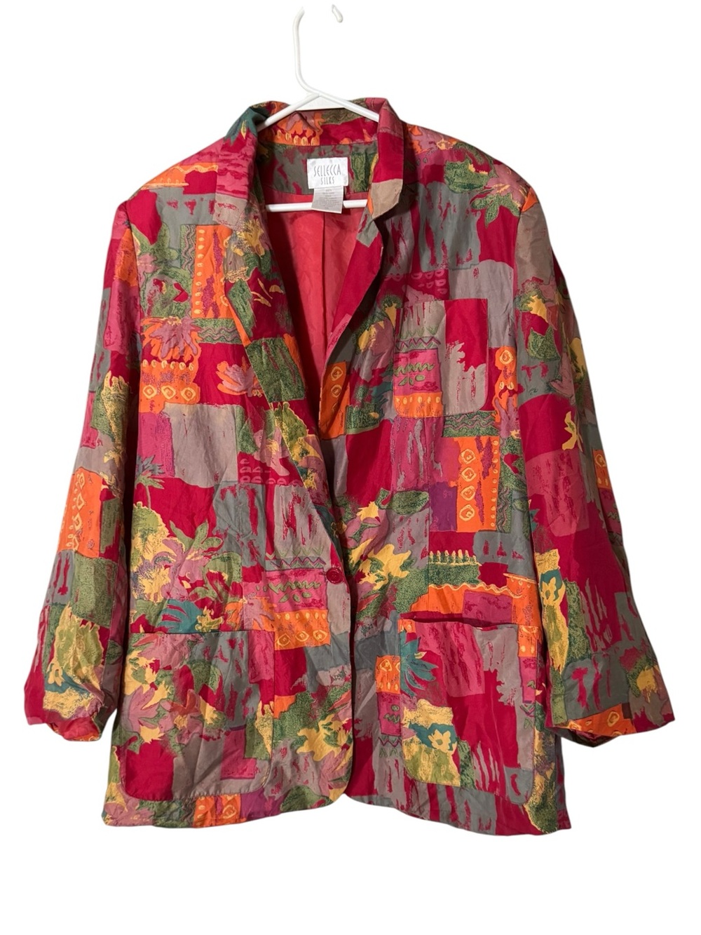 Sellecca Silks Womens Blazer Jacket Size 14 Multi Floral Pockets Single Breasted